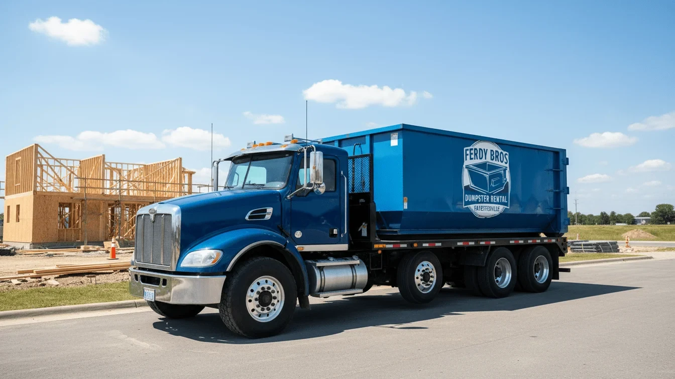 Roll-off dumpster delivered in Johnson, AR by Ferdy Bros Dumpster Rental Fayetteville Roll-off dumpster delivered in Johnson, AR by Ferdy Bros Dumpster Rental Fayetteville