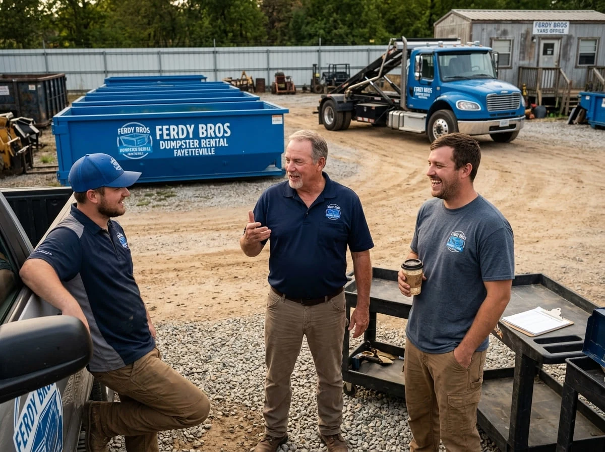 Our crew, on the job The Ferdy Bros Dumpster Rental Fayetteville crew talking through a delivery in Fayetteville, AR