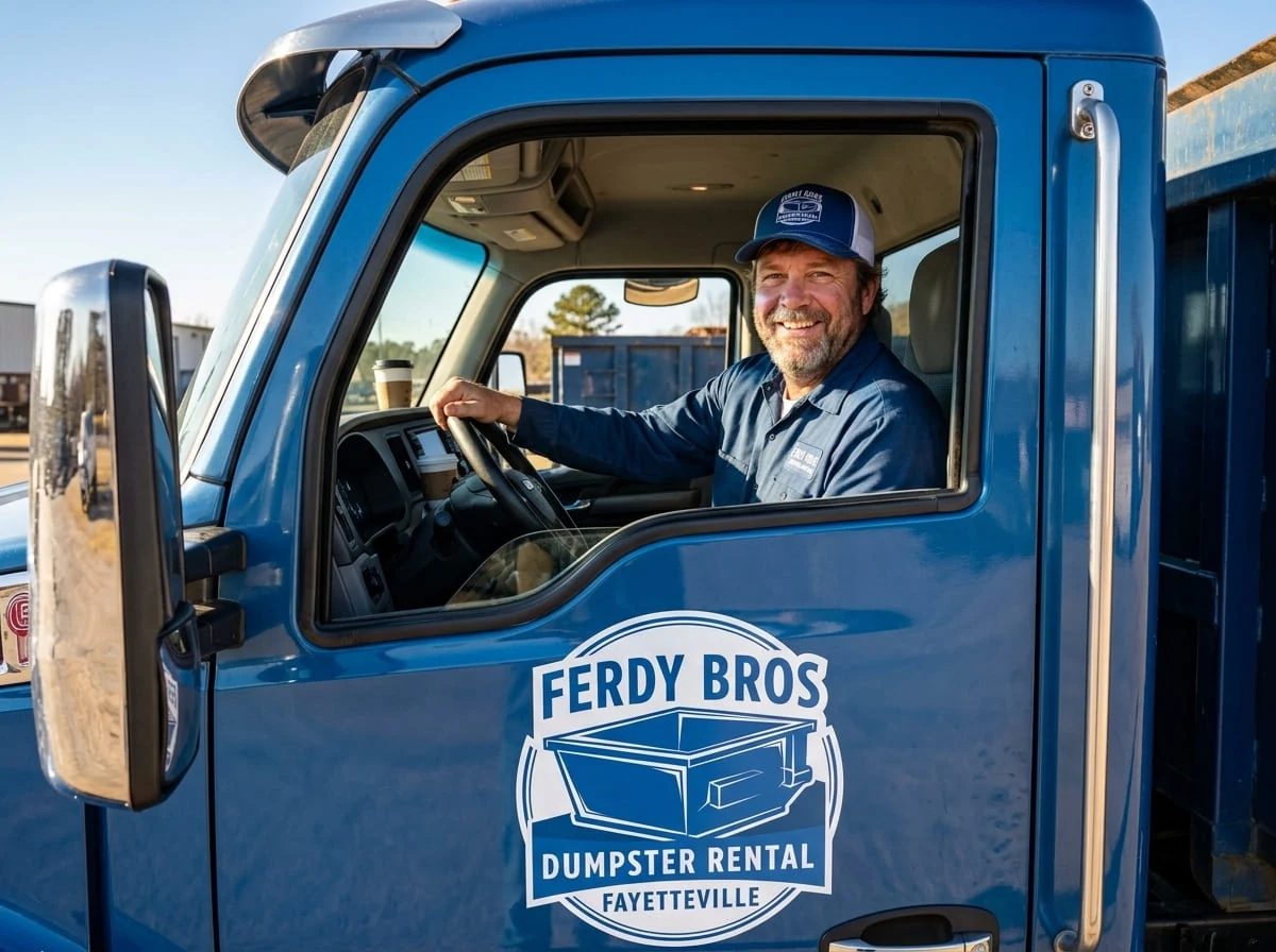 A Ferdy Bros Dumpster Rental Fayetteville driver ready for delivery in Fayetteville, AR