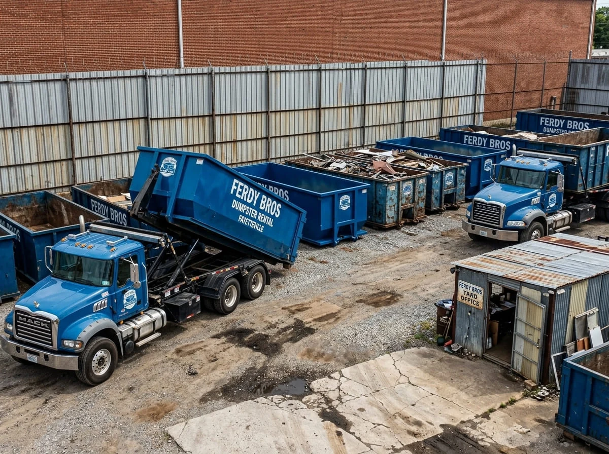 Our yard, our trucks Trucks staged at the Ferdy Bros Dumpster Rental Fayetteville yard on 2759 S Armstrong Ave in Fayetteville, AR