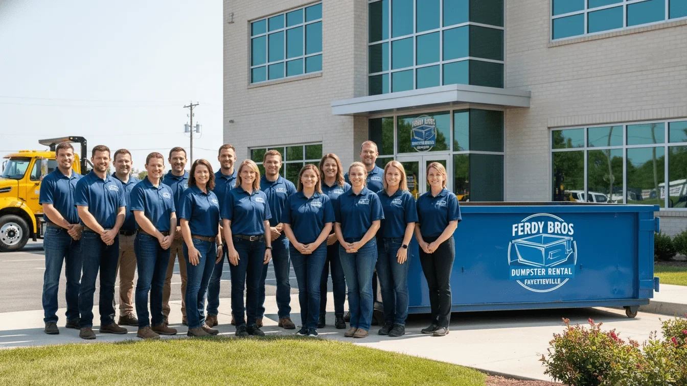 Fayetteville and Washington County service area Ferdy Bros Dumpster Rental Fayetteville crew on location serving Fayetteville, AR and Washington County