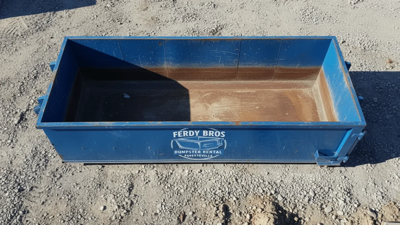 Licensed and insured dumpster rental Licensed and insured Ferdy Bros Dumpster Rental Fayetteville roll-off container staged in Fayetteville, AR